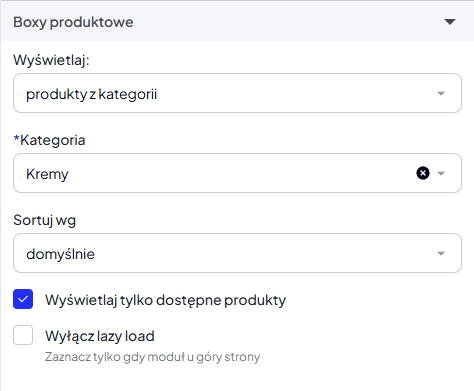 Sekcja konfiguracji boxów produktowych w module układu strony