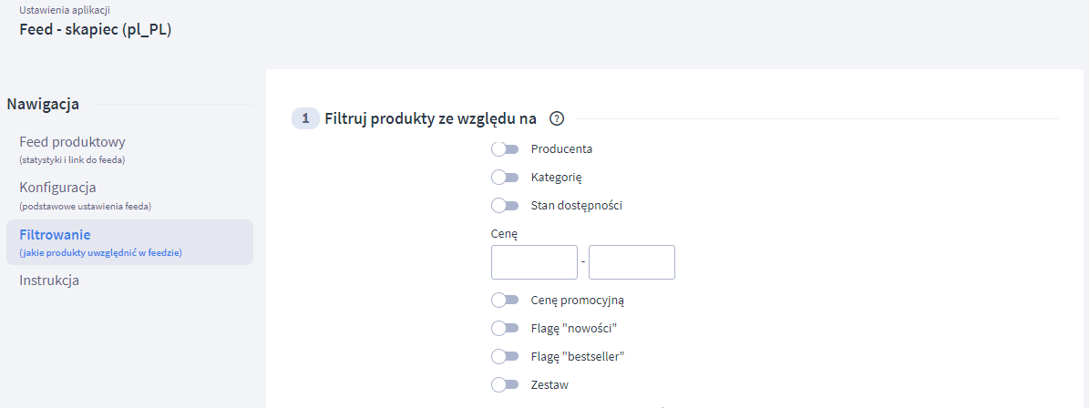 Zakładka Filtrowanie w aplikacji Feed produktowy