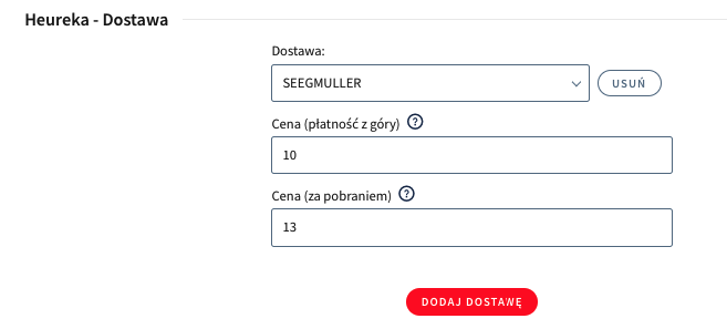 Sekcja Heureka - Dostawa w konfiguracji aplikacji