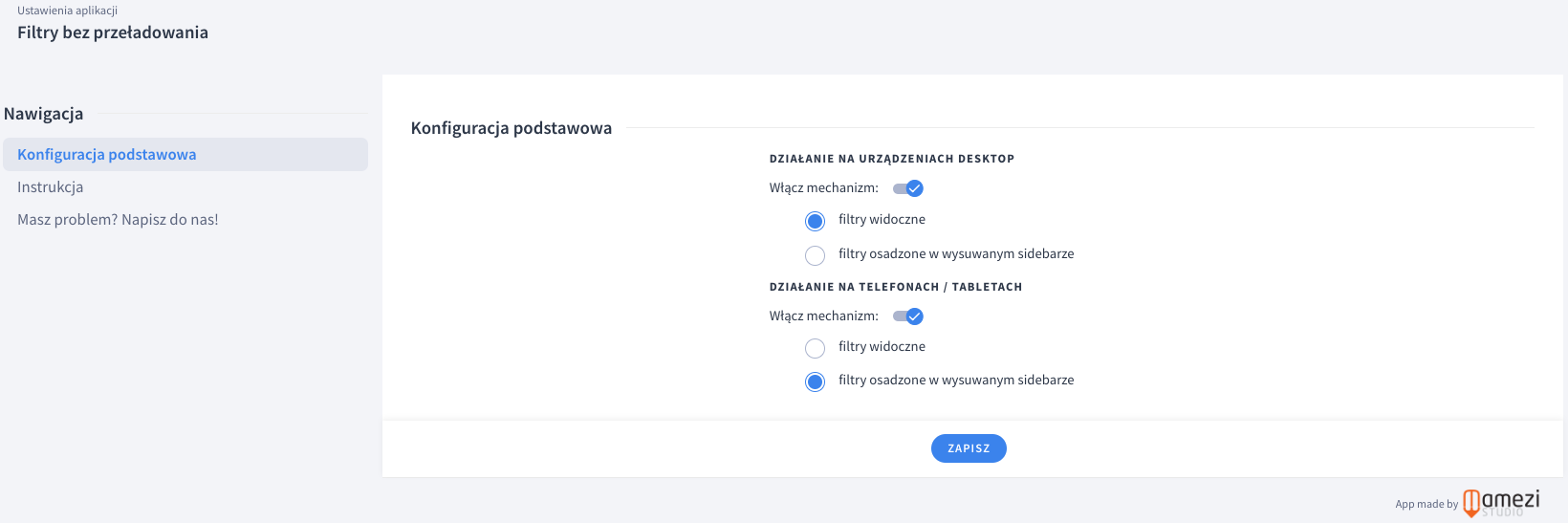 Konfiguracja podstawowa aplikacji Filtry bez przeładowania - ustawienia dla desktop i mobile