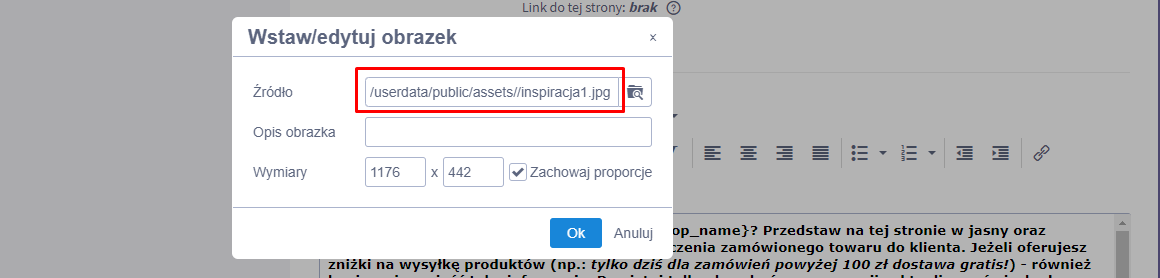 Okno wstawiania obrazka z linkiem do grafiki