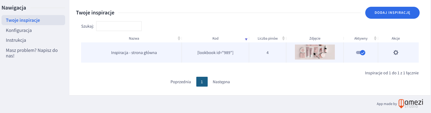 Lista inspiracji produktowych w panelu aplikacji