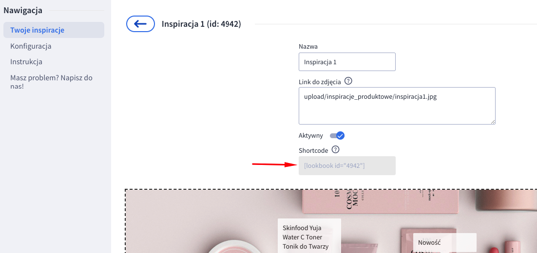 Shortcode wygenerowany dla inspiracji produktowej
