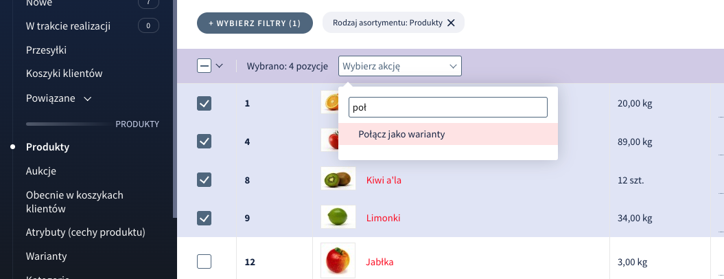 Akcje masowe na liście produktów