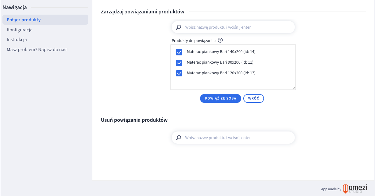 Panel dodawania powiązanych produktów w aplikacji