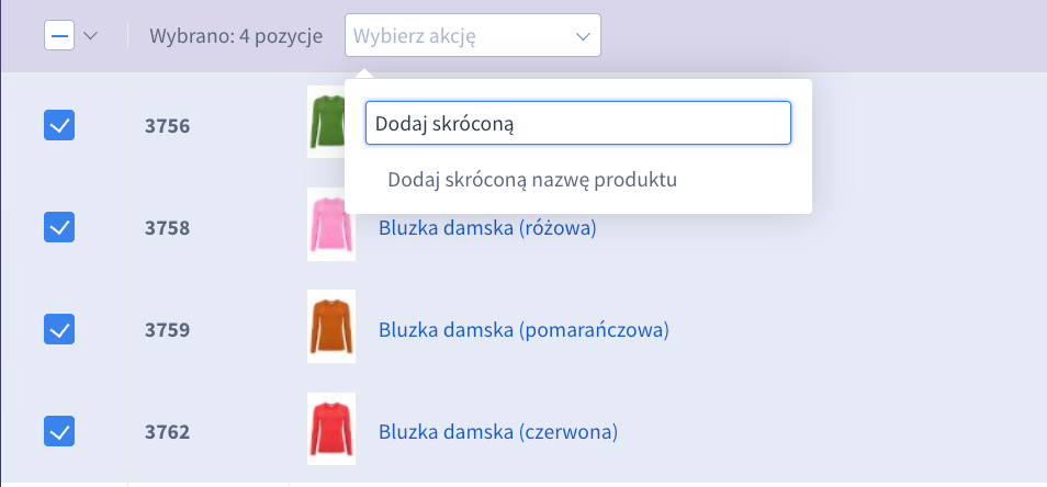 Akcja masowa Dodaj skróconą nazwę produktu