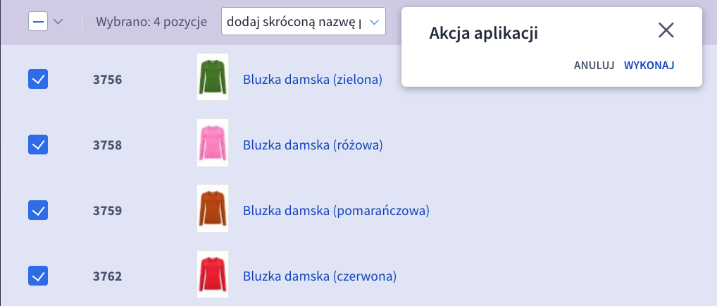 Okno z tabelą zaznaczonych produktów