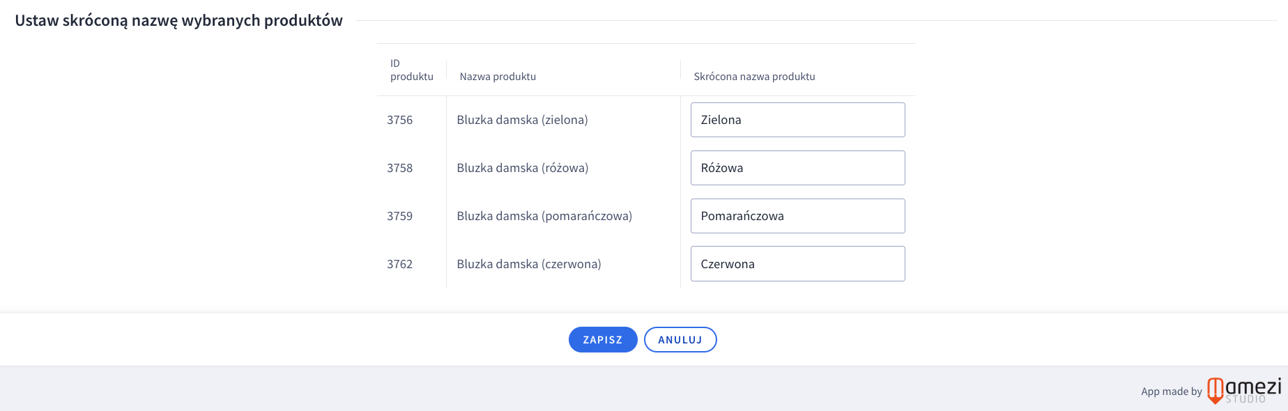 Zapisana skrócona nazwa produktu
