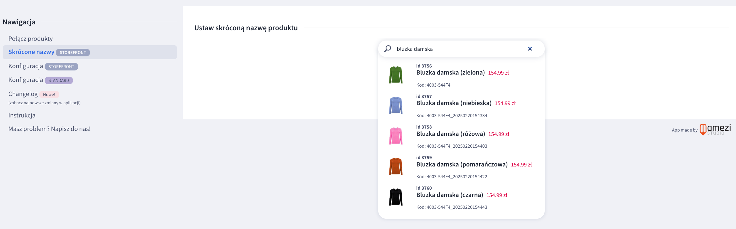 Wyszukiwarka produktu w zakładce Skrócone nazwy