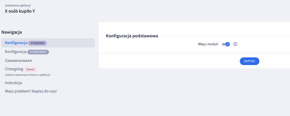 Ekran konfiguracji aplikacji po instalacji