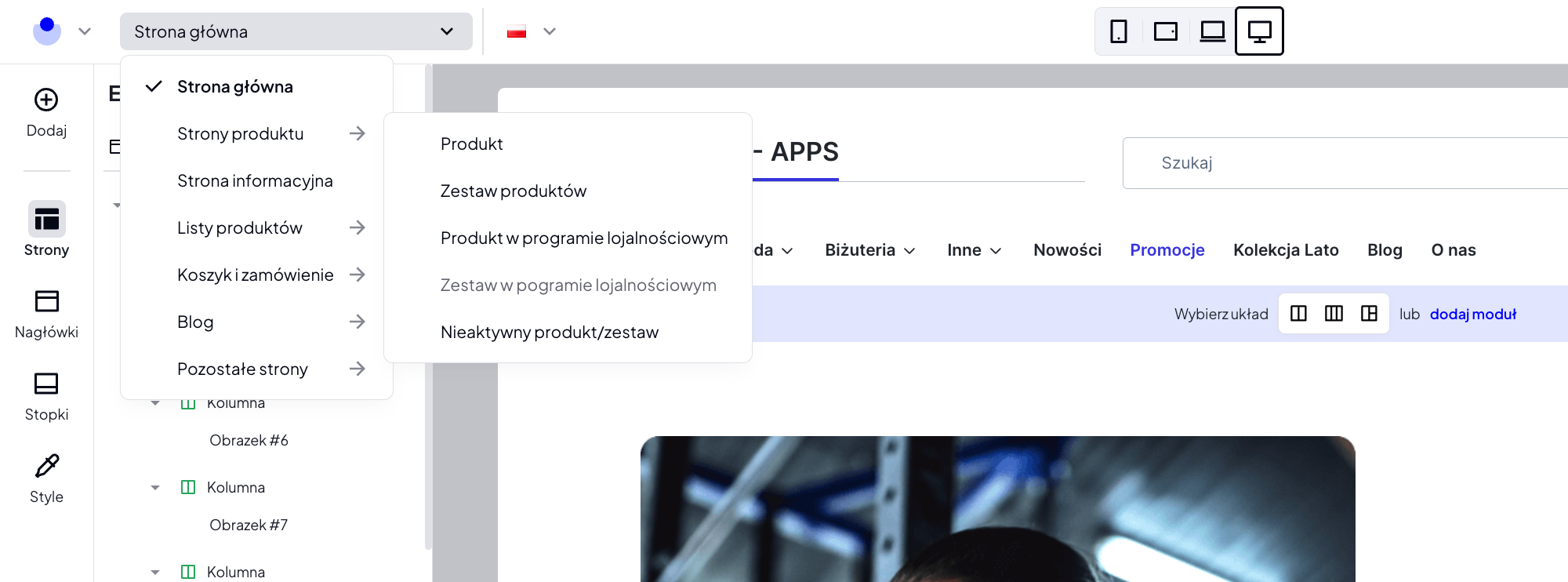 Wybór podstrony produktu do edycji
