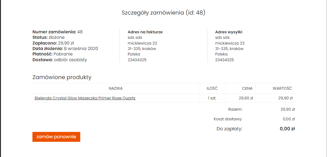 Przycisk zamów ponownie w szczegółach zamówienia